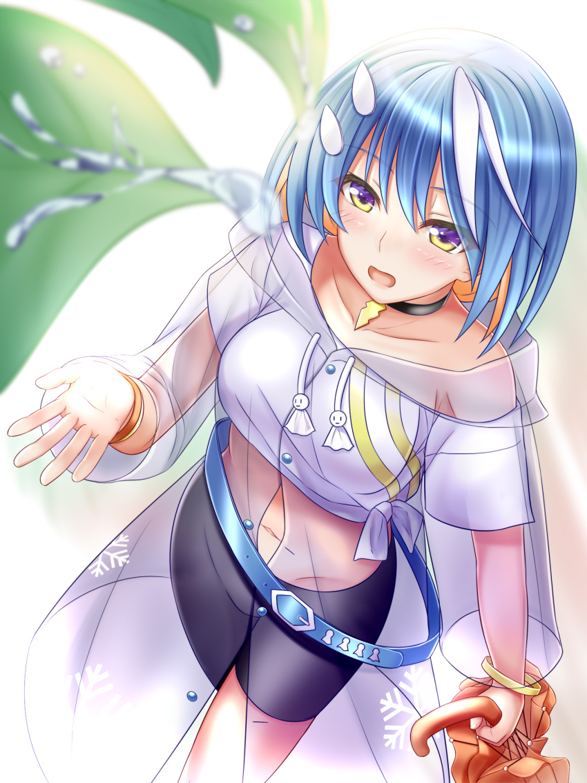 1girl bangs belt blue_hair breasts eyebrows_hidden_by_hair hair_between_eyes highres holding holding_umbrella leaf looking_at_viewer looking_up multicolored_hair nyabe open_mouth orange_hair original short_hair skirt smile solo stomach umbrella water_drop yellow_eyes