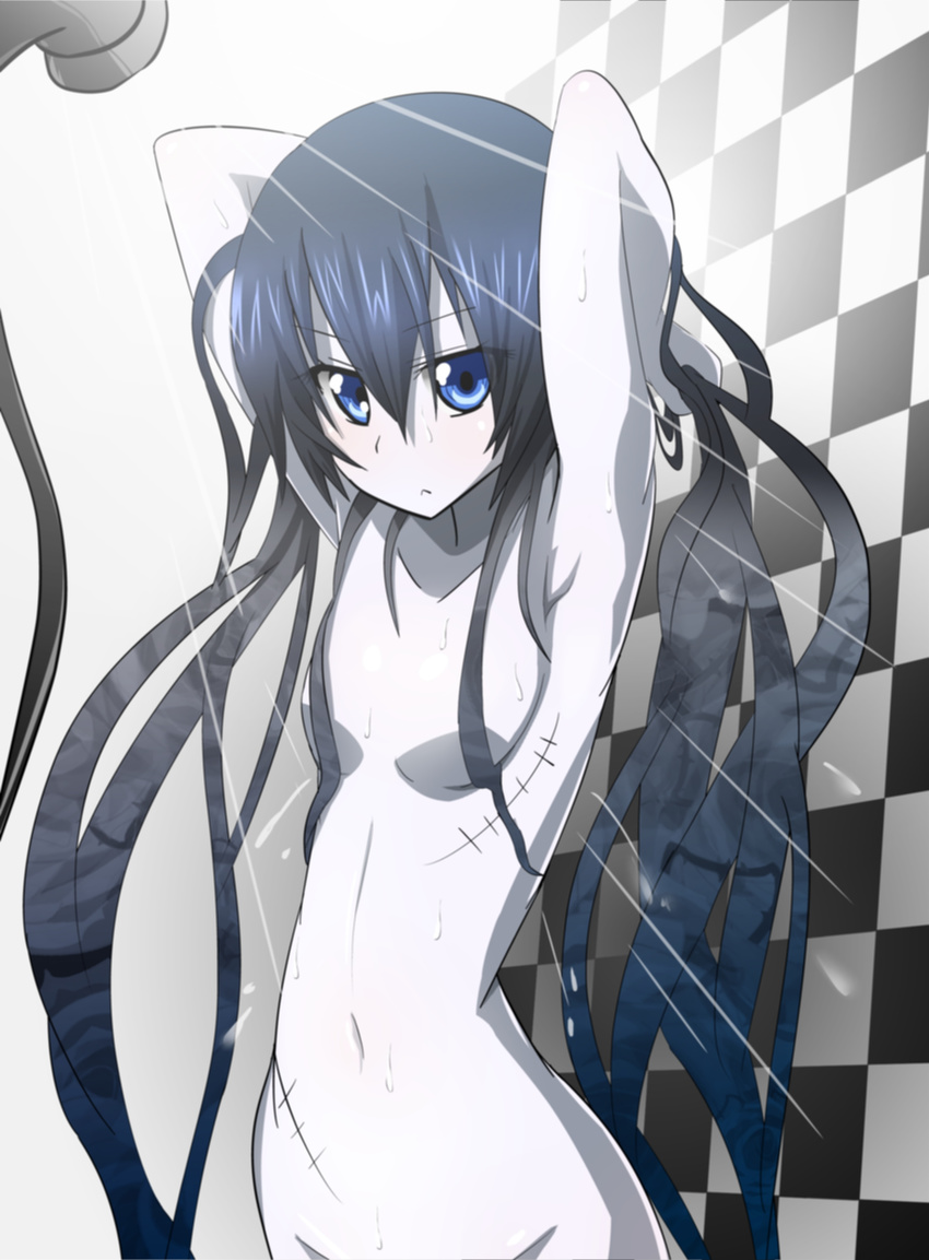 absurdres armpits arms_up black_hair black_rock_shooter black_rock_shooter_(character) blue_eyes blush highres long_hair maokyu nude pale_skin scar showering solo wet
