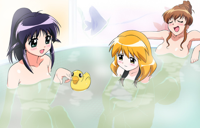 ahoge andou_mahoro andou_minawa bath black_hair blonde_hair blush breasts brown_hair closed_eyes green_eyes highres mahoromatic multiple_girls non-web_source open_mouth ponytail rubber_duck shikijou_saori short_hair small_breasts water wet yellow_eyes