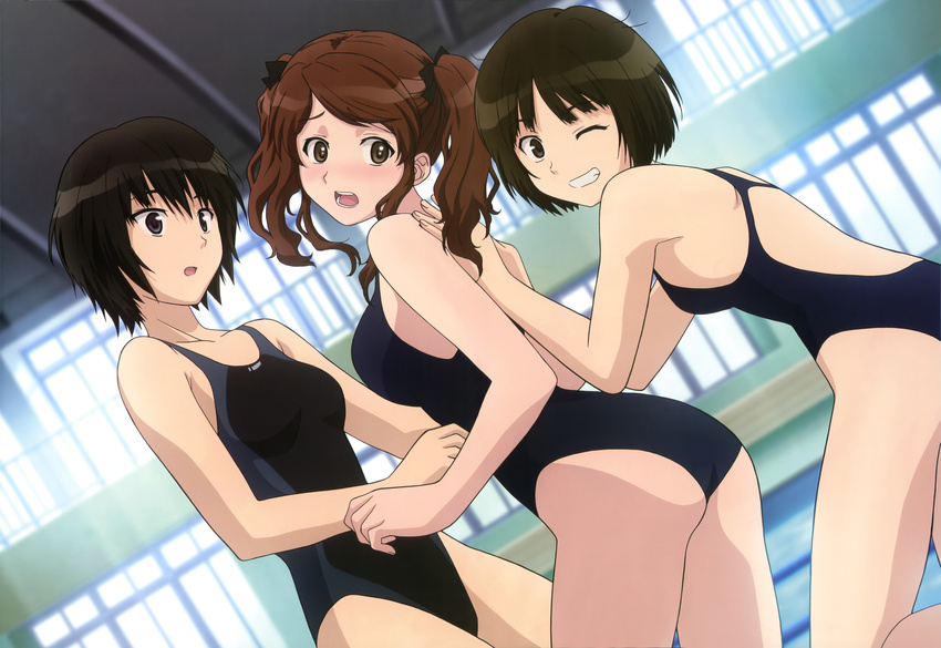absurdres amagami ass black_eyes black_hair blush bow brown_eyes brown_hair competition_swimsuit hair_bow highres ishikura_keiichi multiple_girls nakata_sae nanasaki_ai non-web_source nyantype official_art one-piece_swimsuit one_eye_closed open_mouth school_swimsuit short_hair short_twintails swimsuit tachibana_miya twintails