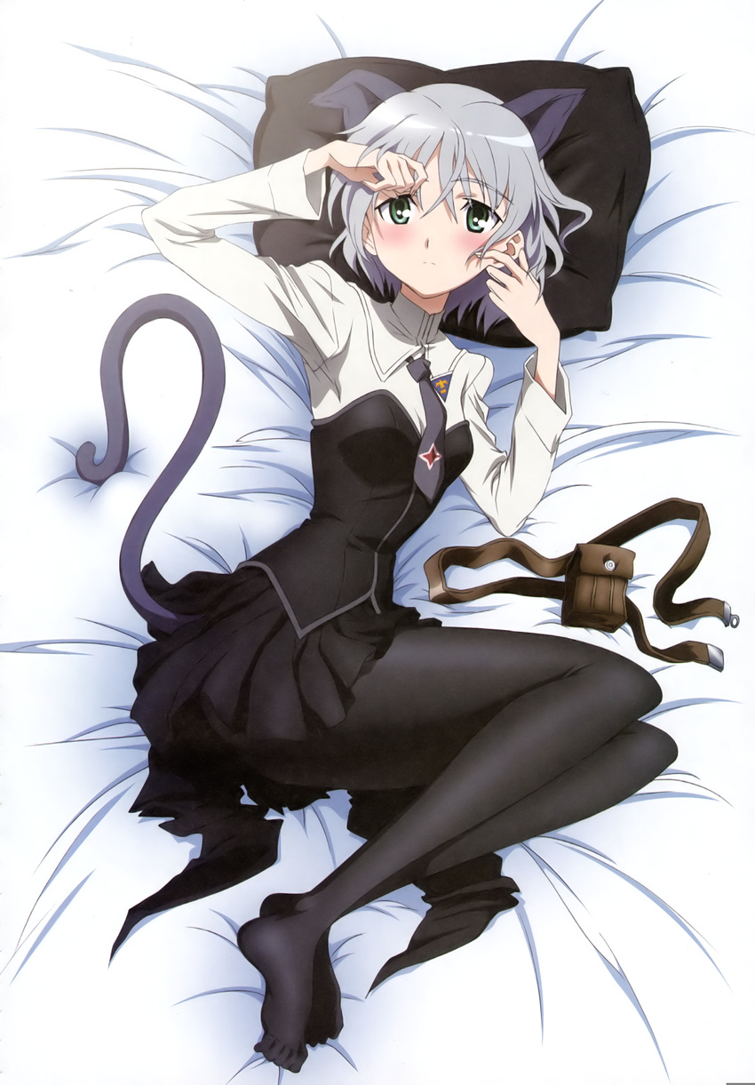 absurdres animal_ears artist_request bed_sheet blush feet green_eyes hands highres legs lying necktie non-web_source official_art on_back pantyhose pillow sanya_v_litvyak short_hair silver_hair skirt solo strike_witches tail world_witches_series