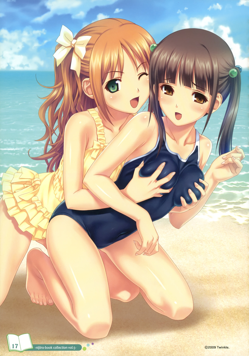 absurdres barefoot beach bow breast_grab breasts brown_eyes brown_hair casual_one-piece_swimsuit cloud competition_school_swimsuit day grabbing green_eyes hair_bobbles hair_bow hair_ornament highres kneeling koutaro long_hair medium_breasts minazuki_izumi multicolored_hair_bobbles multiple_girls one-piece_swimsuit one_eye_closed open_mouth outdoors sand sky suzukaze_hotaru swimsuit tropical_kiss twintails water yuri