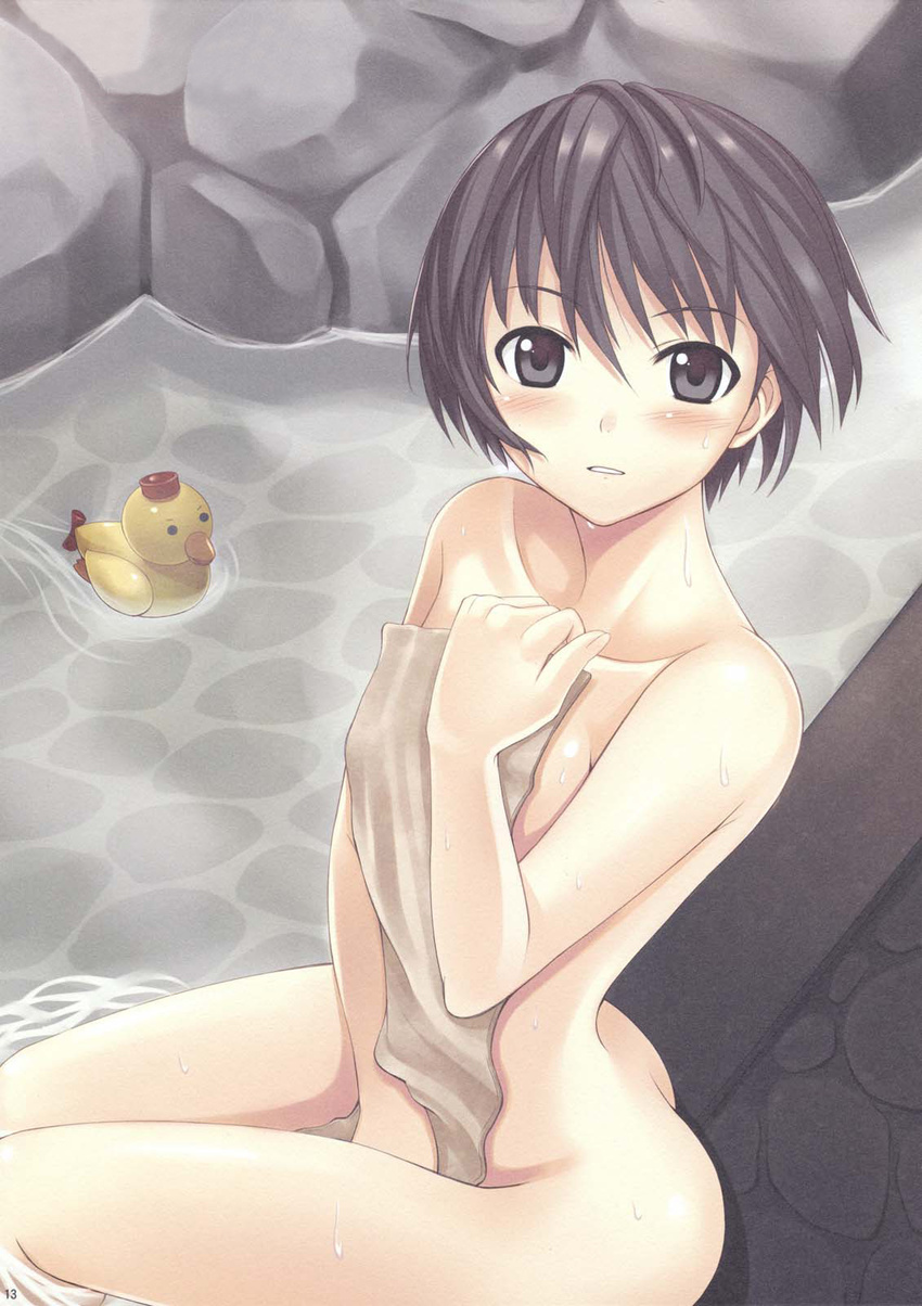 artist_request black_hair butt_crack covering from_above highres idolmaster idolmaster_(classic) kikuchi_makoto nude_cover onsen rubber_duck short_hair solo towel