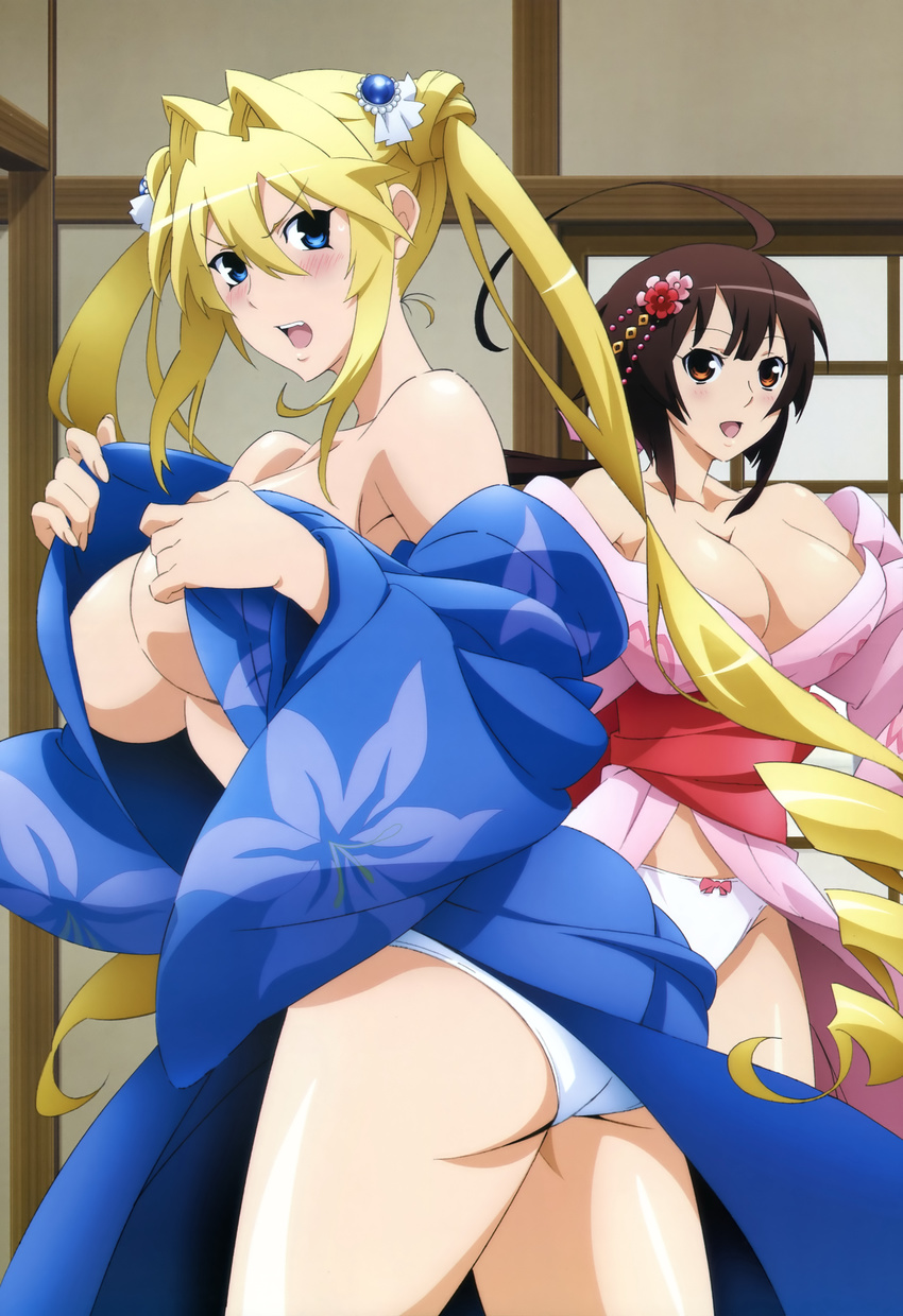 :d absurdres ahoge angry ass black_hair blonde_hair blue_eyes blush bow bow_panties breasts cleavage drill_hair embarrassed floral_print flower from_behind hair_flower hair_intakes hair_ornament highres japanese_clothes jewelry kimono large_breasts long_hair looking_back multiple_girls musubi nagamachi_hideki no_bra non-web_source nyantype off_shoulder official_art open_clothes open_mouth orange_eyes panties pantyshot scan sekirei sideboob smile tsukiumi twintails underwear undressing very_long_hair white_panties yukata