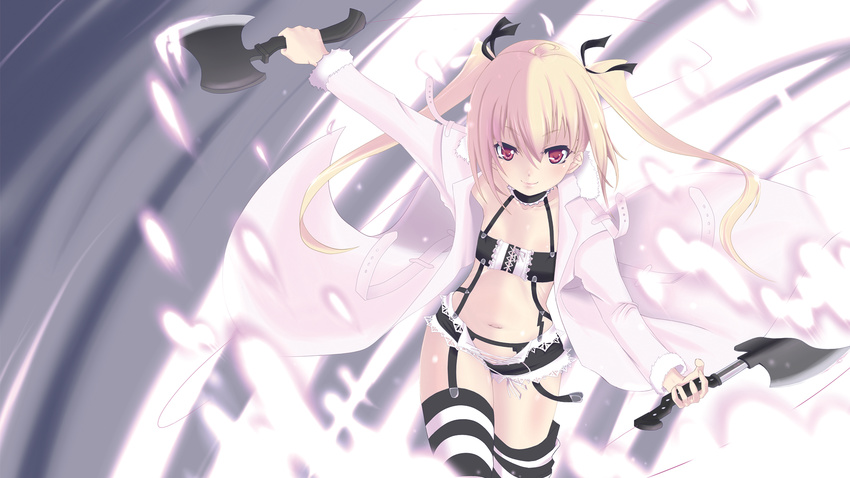 axe bad_id bad_pixiv_id blonde_hair coat collar collarbone dual_wielding garter_belt highres holding lace navel original red_eyes short_shorts shorts solo striped striped_legwear thighhighs tonpara twintails weapon