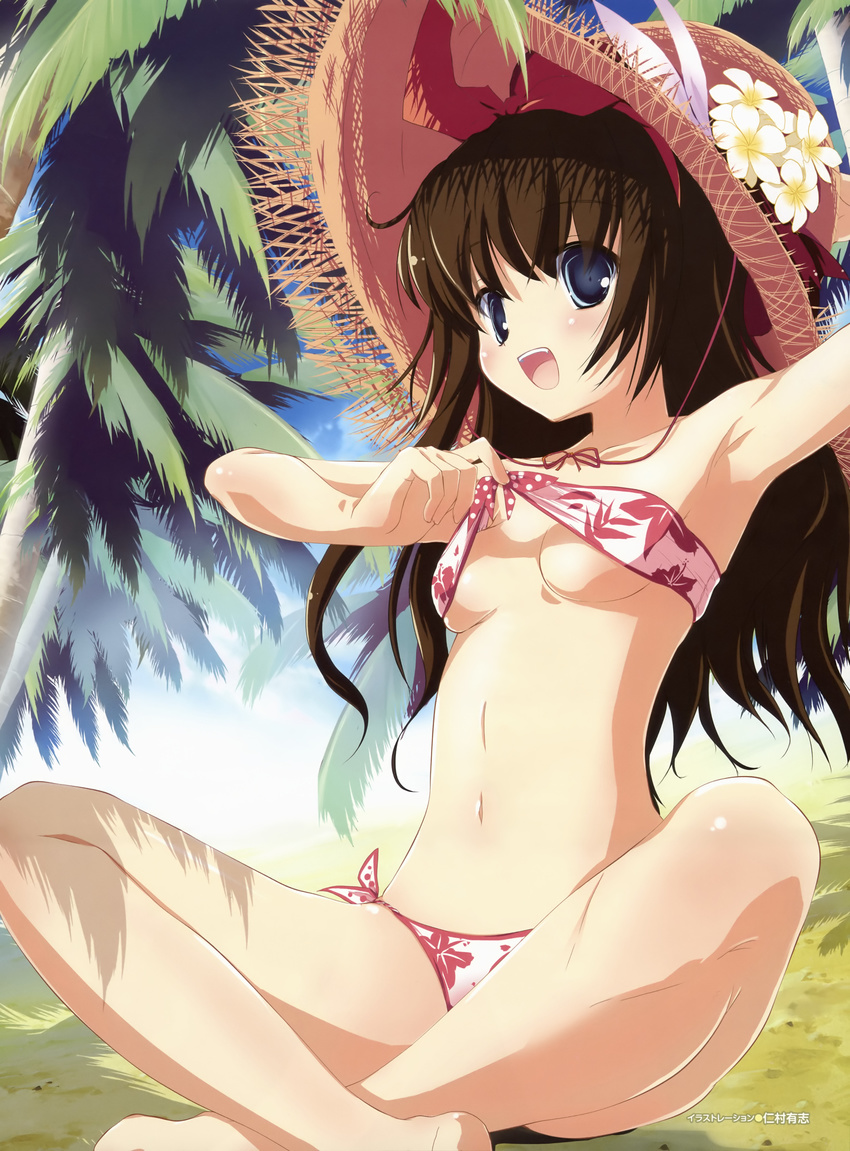 absurdres arm_up armpits bandeau barefoot beach bikini bikini_lift blue_eyes blush breasts brown_hair crossed_legs day floral_print flower hat highres indian_style legs lifted_by_self long_hair navel nimura_yuuji open_mouth original palm_tree plumeria side-tie_bikini sitting small_breasts smile solo straw_hat sun_hat swimsuit top_pull tree underboob