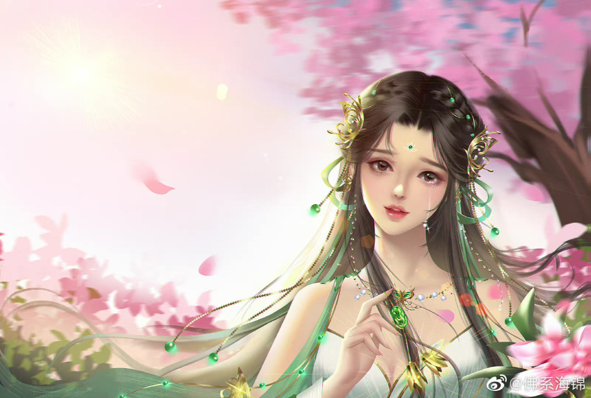 1girl baiguio_(zhu_xian) brown_hair cherry_blossoms dress facial_mark falling_petals flower fo_xi_hai_jin forehead_mark hair_ornament highres jewelry long_hair looking_at_viewer mouth_open necklace outdoors petals pink_sky solo teeth tongue tree upper_body zhu_xian