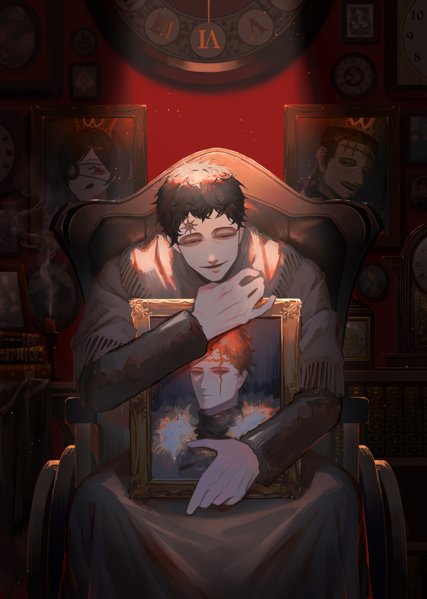 1boy absurdres black_clover black_hair character_portrait frit_2 highres male_focus painting_(object) pale_skin portrait_(object) red_eyes shawl siblings solo wheelchair