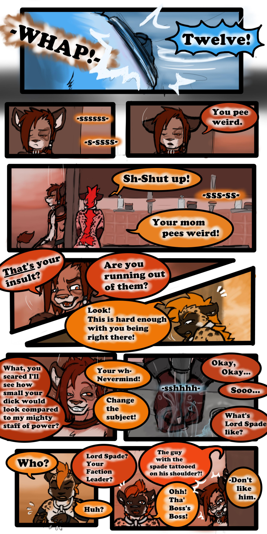 1:2 2020 9:18 absurd_res anthro biped butt canid cobalt_(tatsuchan18) collar comic detailed_background dialogue eyes_closed fur group hair havoc_(tatsuchan18) hi_res hyaenid male mammal open_mouth peeing speech_bubble standing tatsuchan18 trio