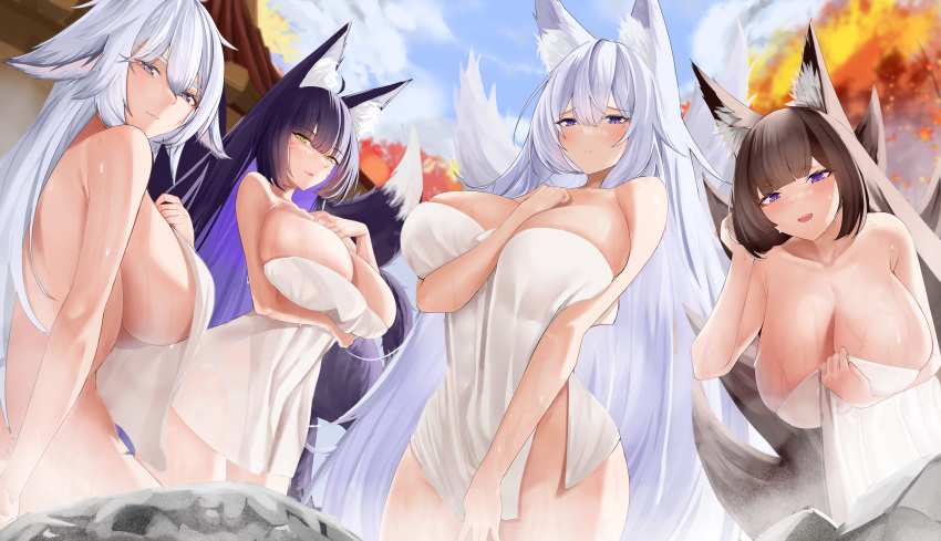 4girls absurdres amagi_(azur_lane) animal_ear_fluff animal_ears azur_lane bangs blue_sky blunt_bangs blush breasts brown_eyes brown_hair brown_tail cleavage cloud collarbone colored_inner_hair commentary covering day facial_mark floppy_ears fox_ears fox_girl fox_tail grey_hair hanging_breasts highres holding holding_towel huge_breasts large_breasts large_tail leaning_forward long_hair looking_at_viewer mikkom multicolored_hair multiple_girls multiple_tails musashi_(azur_lane) naked_towel nude_cover onsen purple_eyes purple_hair rock shinano_(azur_lane) sidelocks sitting sky smile standing steam symbol-only_commentary tail thick_eyebrows tosa_(azur_lane) towel very_long_hair white_hair white_tail