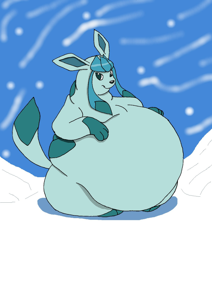 2009 belly big_belly eeveelution female feral fur generation_4_pokemon glaceon hand_on_stomach hectorthewolf hi_res looking_at_viewer nintendo nude obese obese_female obese_feral outside overweight overweight_female overweight_feral pokemon pokemon_(species) raised_tail sitting smile smiling_at_viewer smirk snow snowing solo video_games