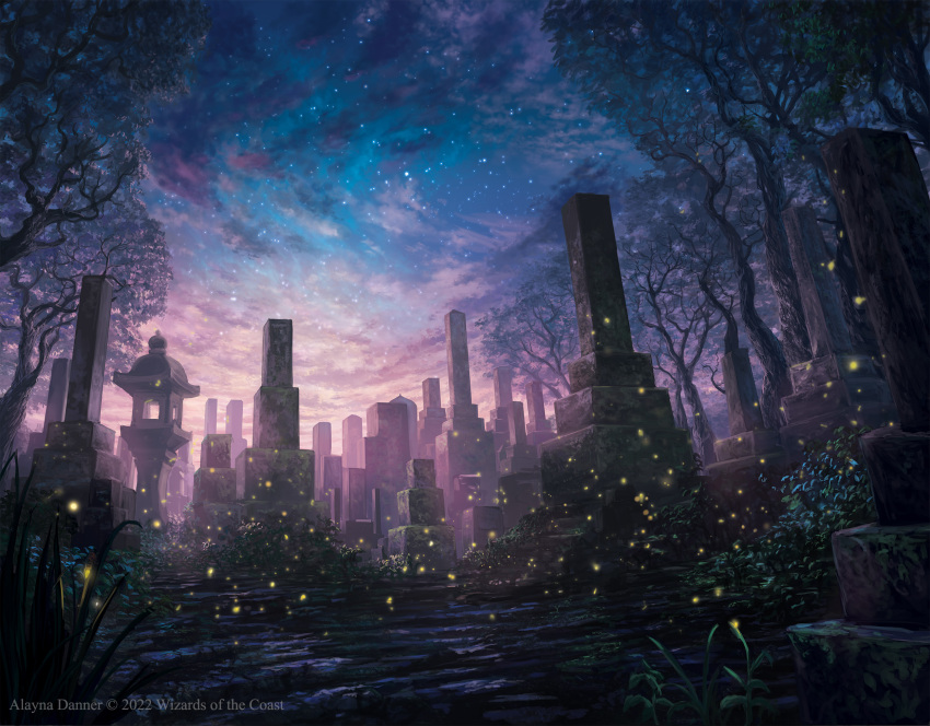 alayna_danner artist_name cloud company_name english_commentary fantasy gradient_sky graveyard highres light_particles magic:_the_gathering morning moss no_humans outdoors plant scenery sky star_(sky) starry_sky stone_lantern stone_pillar sunrise tree watermark