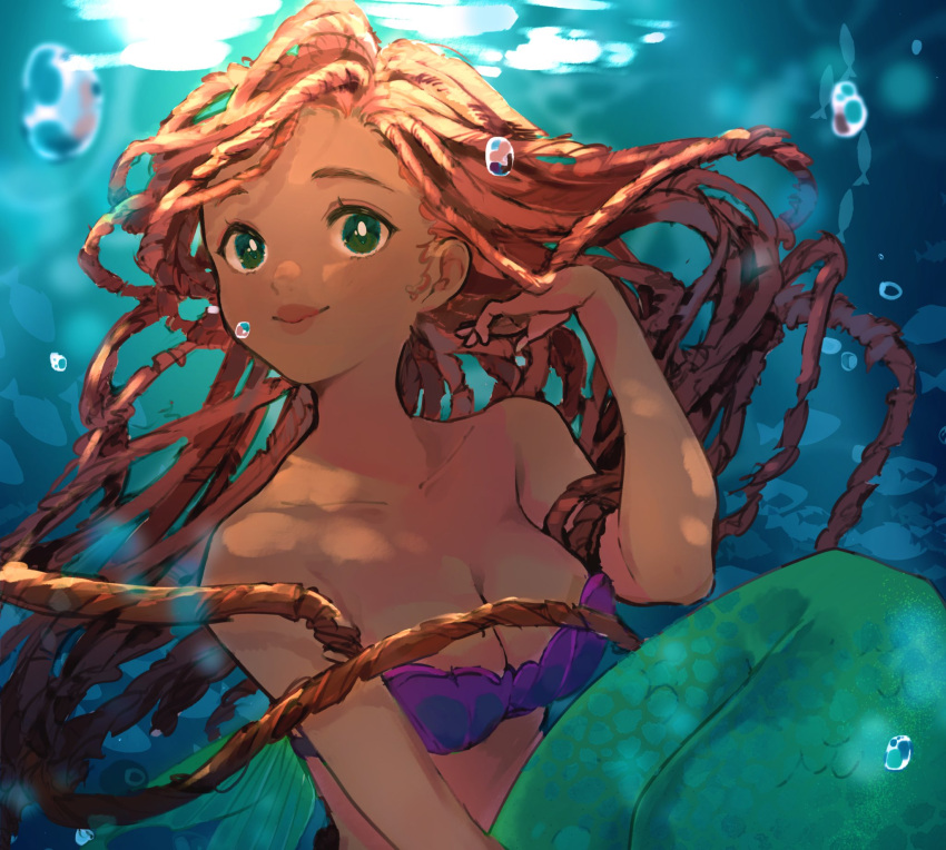 1girl animal ariel_(disney) bare_arms bare_shoulders breasts brown_hair cleavage closed_mouth collarbone dreadlocks fish green_eyes highres large_breasts long_hair looking_at_viewer mermaid monster_girl nachoz_(nachozart) smile solo the_little_mermaid_(2023) underwater