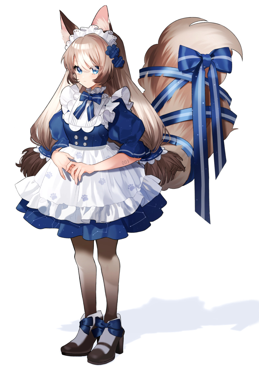 1girl absurdres animal_ears apron bangs big_hair black_footwear black_pantyhose blue_bow blue_dress blue_eyes blue_ribbon bow bowtie brown_hair buttons cat_ears cat_girl cat_tail collar constellation_print double-breasted dress footwear_bow frilled_apron frilled_collar frills full_body hair_ornament high_heels highres large_tail long_hair looking_at_viewer low-tied_long_hair maid maid_apron maid_headdress mary_janes multicolored_hair original own_hands_together pantyhose paw_print pomu_(pomu_me) puffy_short_sleeves puffy_sleeves ribbon shoes short_sleeves simple_background solo standing tail tail_bow tail_ornament tail_ribbon very_long_hair waist_apron white_apron white_background white_hair