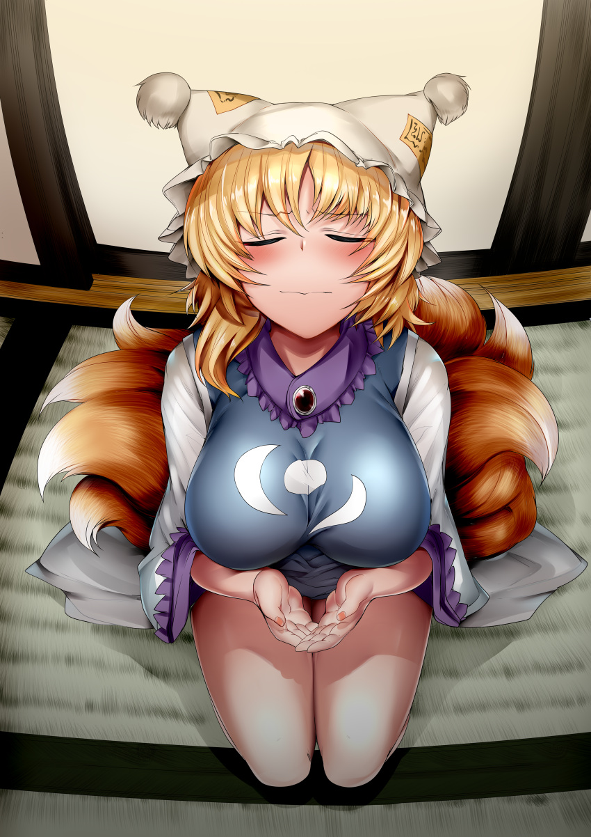 1girl absurdres animal_ears blonde_hair blush breasts closed_eyes closed_mouth dress fisheye fox_ears from_above hat highres huge_breasts indoors mizuga multiple_tails own_hands_together pillow_hat seiza short_hair sitting sliding_doors solo tabard tail tatami touhou white_dress wide_sleeves yakumo_ran