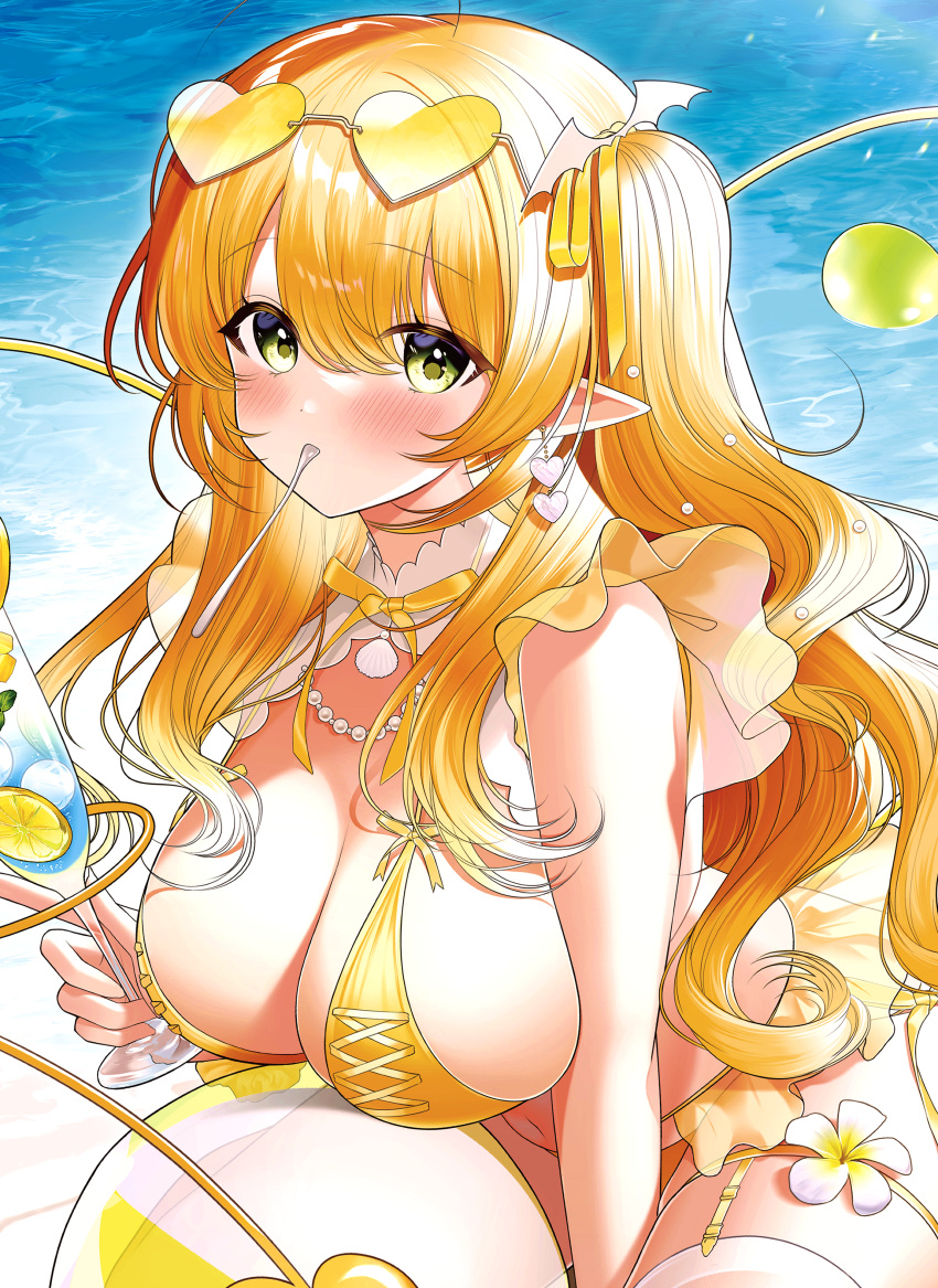 1girl absurdres ahoge ball bangs bare_shoulders beachball bikini blonde_hair blush breasts cup day eyewear_on_head flower green_eyes hair_between_eyes hair_ribbon heart heart-shaped_eyewear highres holding holding_cup large_breasts long_hair looking_at_viewer melonbooks original outdoors pointy_ears pomu_(pomu_me) ribbon solo spoon sunglasses swimsuit tinted_eyewear two_side_up utensil_in_mouth very_long_hair water white_flower yellow-tinted_eyewear yellow_bikini yellow_ribbon