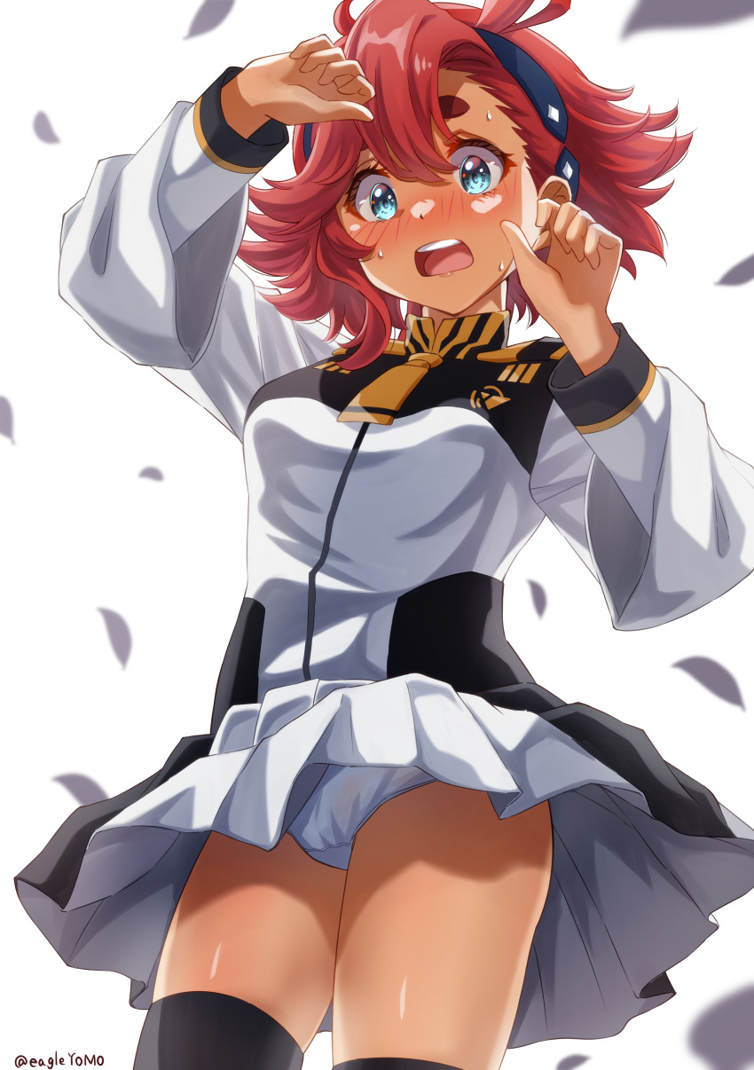 1girl absurdres arm_up black_hairband black_thighhighs blush embarrassed full-face_blush gundam gundam_suisei_no_majo hair_between_eyes hairband highres jacket leaf long_sleeves looking_down necktie open_mouth panties pantyshot pleated_skirt red_hair school_uniform skirt solo suletta_mercury sweatdrop thick_eyebrows thighhighs thighs twitter_username underwear white_jacket white_panties white_skirt wind wind_lift yellow_necktie yomo