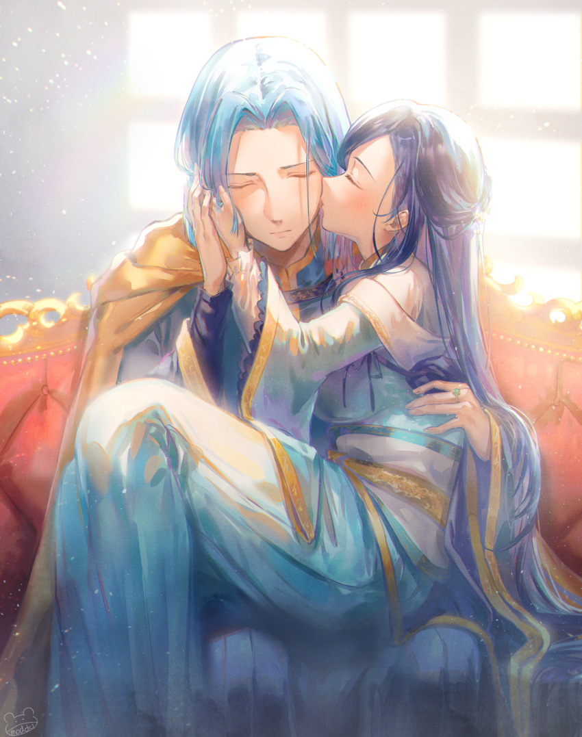 1boy 1girl blue_dress blue_hair blush cape closed_eyes closed_mouth couple dress ferdinand_(honzuki_no_gekokujou) hair_intakes hand_on_another's_cheek hand_on_another's_face hand_on_hand hetero highres honzuki_no_gekokujou indoors kiss kissing_cheek long_dress long_hair maine_(honzuki_no_gekokujou) modoki_kuma sitting sitting_on_lap sitting_on_person yellow_cape