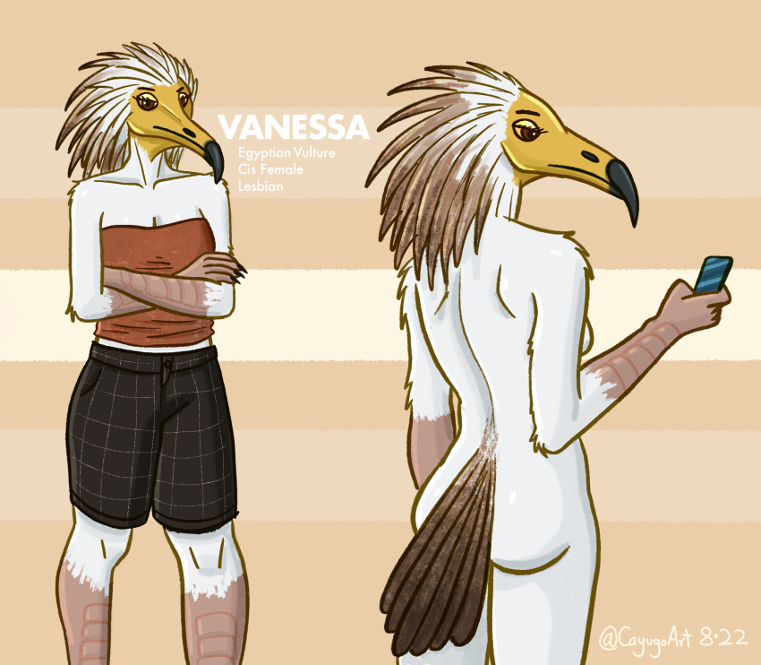 2022 accipitrid accipitriform anthro avian barely_visible_breasts beak bird black_beak black_claws bottomwear breasts brown_body brown_eyes brown_feathers brown_tail_feathers butt cayugo claws clothing crossed_arms digital_media_(artwork) egyptian_vulture english_text eyebrows eyelashes eyeshadow feather_hair feathers female finger_claws fingers hair hi_res holding_object holding_phone looking_away makeup non-mammal_breasts nude old_world_vulture pants phone pseudo_hair rear_view shaded shirt signature simple_background solo tail_feathers tan_arms tan_fingers tan_legs text topwear vulture white_body white_feathers yellow_beak yellow_body yellow_eyeshadow yellow_sclera yellow_skin