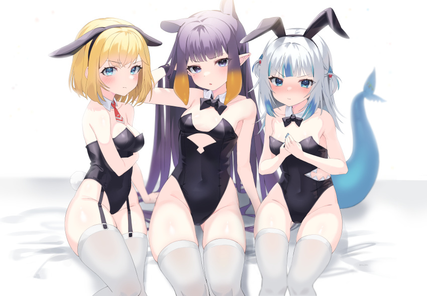 3girls :t absurdres adapted_costume alternate_costume animal_ears armpit_crease ass_visible_through_thighs bangs bare_shoulders black_bow black_bowtie black_leotard blonde_hair blue_eyes blue_hair blunt_bangs blush bow bowtie breasts cleavage cleavage_cutout clothing_cutout collarbone covered_navel covering covering_breasts detached_collar embarrassed fake_animal_ears fake_tail fish_tail garter_straps gawr_gura gradient_hair hair_bobbles hair_ornament hairband hand_in_own_hair highleg highleg_leotard highres hololive hololive_english leotard long_hair looking_at_viewer medium_breasts medium_hair mole mole_under_eye multicolored_hair multiple_girls narrowed_eyes necktie ninomae_ina'nis open_mouth playboy_bunny pout purple_eyes purple_hair rabbit_ears rabbit_tail red_necktie shark_tail short_hair sideboob sitting small_breasts streaked_hair stu_diho tail thigh_gap thighhighs thighs two_side_up underboob v-shaped_eyebrows very_long_hair virtual_youtuber watson_amelia white_hair white_thighhighs