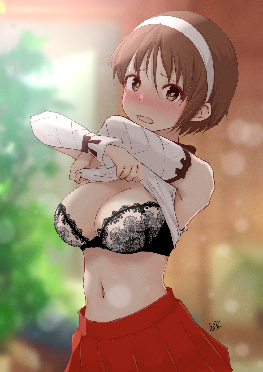 1girl absurdres black_bra blush bra breasts brown_eyes brown_hair clothes_lift detached_sleeves hairband highres kantai_collection large_breasts lifted_by_self natori_(kancolle) navel neve nose_blush pleated_skirt red_skirt shirt shirt_lift short_hair skirt solo underwear undressing white_hairband white_shirt