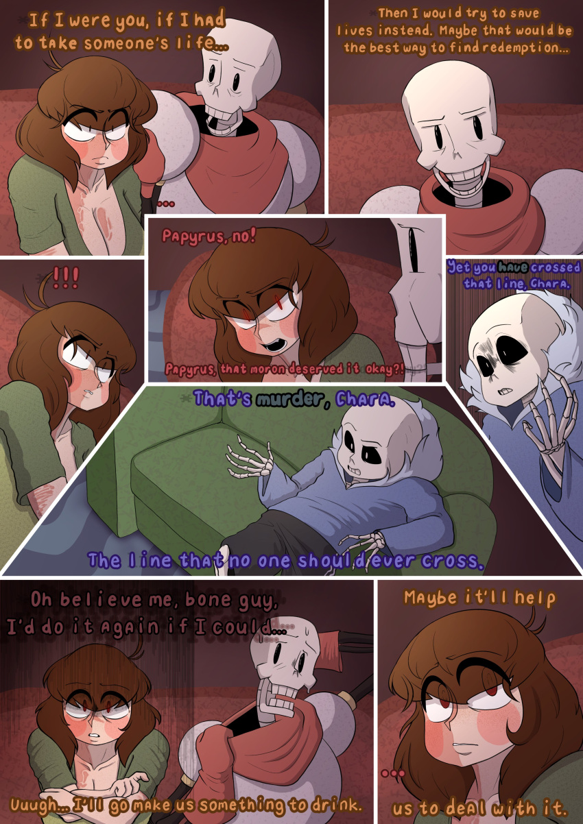 2022 5_fingers absurd_res animated_skeleton armor bone bottomwear breasts brown_hair chara_(undertale) clothing comic darkynsfw dialogue ellipsis english_text exclamation_point female fingers furniture gloves group hair handwear hi_res hoodie human male mammal not_furry on_sofa papyrus_(undertale) red_eyes sans_(undertale) shirt shorts sitting sitting_on_sofa skeleton sofa text topwear trio undead undertale undertale_(series) video_games
