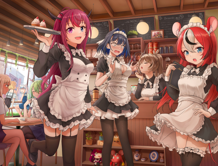 6+girls absurdres ahoge alternate_costume animal_ears apron bangs black_hair blonde_hair blue_eyes blue_hair book bottle bow bow_earrings breasts brown_hair cafe can ceres_fauna cleavage coffee_grinder coffee_maker_(object) counter cup dark-skinned_female dark_skin dress_shirt earrings feather_hair_ornament feathers gawr_gura green_hair hair_intakes hair_ornament hairclip hakos_baelz hand_on_hip hanging_light head_rest highres holding holding_book holocouncil hololive hololive_english hootsie_(nanashi_mumei) irys_(hololive) jar jewelry kronie_(ouro_kronii) long_hair looking_at_viewer maid maid_apron maid_headdress mouse_ears mouse_girl mouse_tail mr._squeaks_(hakos_baelz) multicolored_hair multiple_girls nanashi_mumei ouro_kronii picture_(object) picture_frame plant ponytail popped_button potted_plant red_hair ribbon sanallite_(tsukumo_sana) sapling_(ceres_fauna) shaded_face sharp_teeth shirt short_hair streaked_hair tail teacup teeth trembling tsukumo_sana very_long_hair virtual_youtuber watson_amelia white_hair white_shirt wide-eyed window zeng$_(zwj)