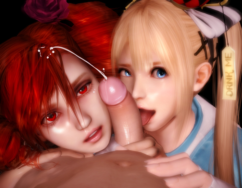2girls 3d alice_(alice_in_wonderland) alice_(alice_in_wonderland)_(cosplay) alice_in_wonderland alternate_costume amy_sorel blonde_hair blue_dress blue_eyes commentary cooperative_fellatio cosplay crossover crown cum dead_or_alive dress drill_hair ejaculation english_commentary erection eyelashes fellatio fingerless_gloves flower gloves hair_flower hair_ornament hair_ribbon hand_on_another's_stomach highres licking long_hair looking_at_viewer marie_rose mini_crown mrstranger multiple_girls navel open_mouth oral parted_lips penis pink_lips pov red_eyes red_hair ribbon rose soulcalibur stomach tag tongue tongue_out twin_drills twintails white_gloves white_ribbon x_hair_ornament xnalara