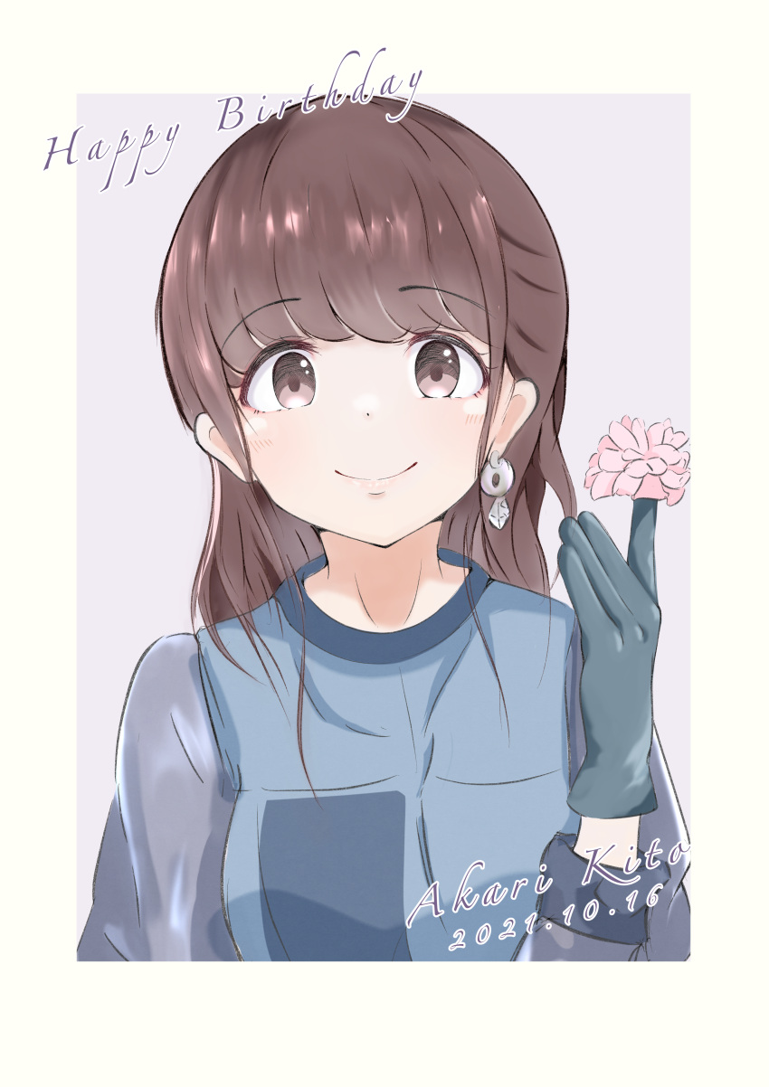 1girl absurdres bangs birthday brown_eyes brown_hair character_name commentary dated earrings english_text eryuus3 flower gloves happy_birthday highres jewelry kitou_akari looking_at_viewer real_life sidelocks single_earring single_glove smile solo upper_body voice_actor