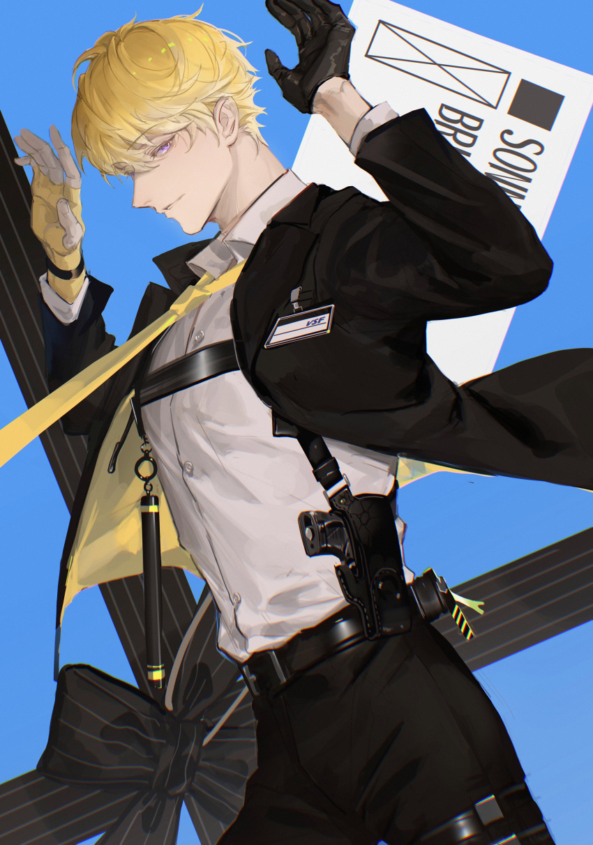 1boy absurdres bangs black_gloves black_pants blonde_hair blue_eyes coat collared_shirt fingerless_gloves gloves gradient_hair grey_shirt gun hair_between_eyes highres holster holstered_weapon kami_off_record looking_at_viewer male_focus multicolored_hair nijisanji nijisanji_en overcoat pants shirt short_hair smirk smug solo sonny_brisko thigh_strap virtual_youtuber weapon white_hair yellow_gloves