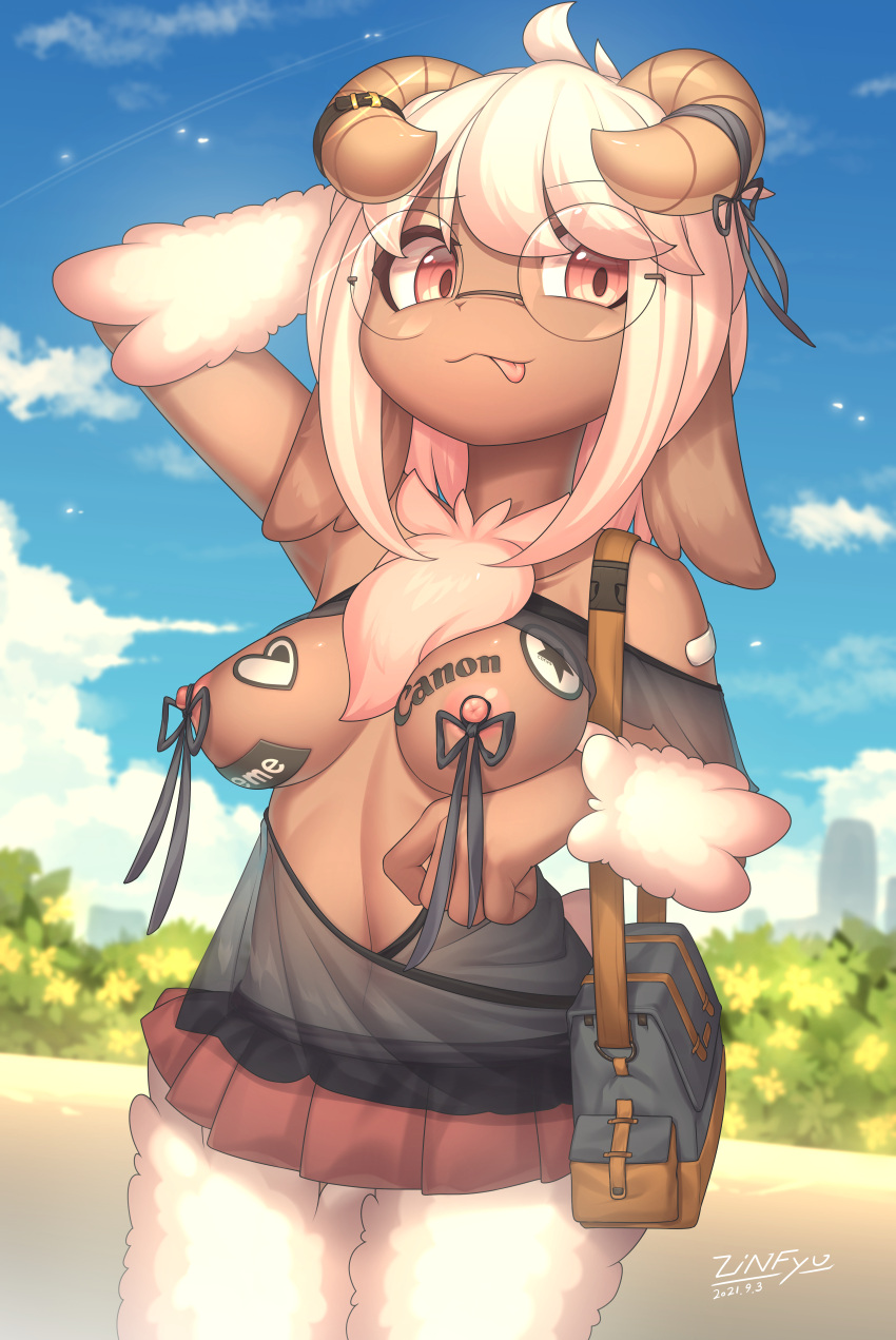 1girl :3 absurdres ahoge animal_ears animal_nose arm_behind_head arm_up artist_name bag bandaid bangs bare_shoulders black-framed_eyewear black_ribbon black_shirt blue_sky blurry blurry_background body_fur breastless_clothes breasts breasts_apart brown_horns bush canon_(company) closed_mouth cloud commentary contrail converse cowboy_shot curled_horns dark-skinned_female dark_skin dated dated_commentary day dutch_angle fur_collar furry furry_female glasses glint gradient_hair hand_up happy heart highres horn_ornament horn_ribbon horns korean_commentary logo long_hair looking_at_viewer medium_breasts microskirt miniskirt multicolored_hair navel nipple_ribbon nipples no_bra off-shoulder_shirt off_shoulder original outdoors pink_fur pink_hair pleated_skirt raised_eyebrow red_eyes red_skirt ribbon round_eyewear see-through see-through_shirt sheep_ears sheep_girl sheep_horns shirt short_sleeves shoulder_bag sidelocks signature skirt sky smile solo standing star_(symbol) sticker stomach supreme_(brand) swept_bangs tongue tongue_out two-tone_fur two-tone_hair white_fur white_hair zinfyu