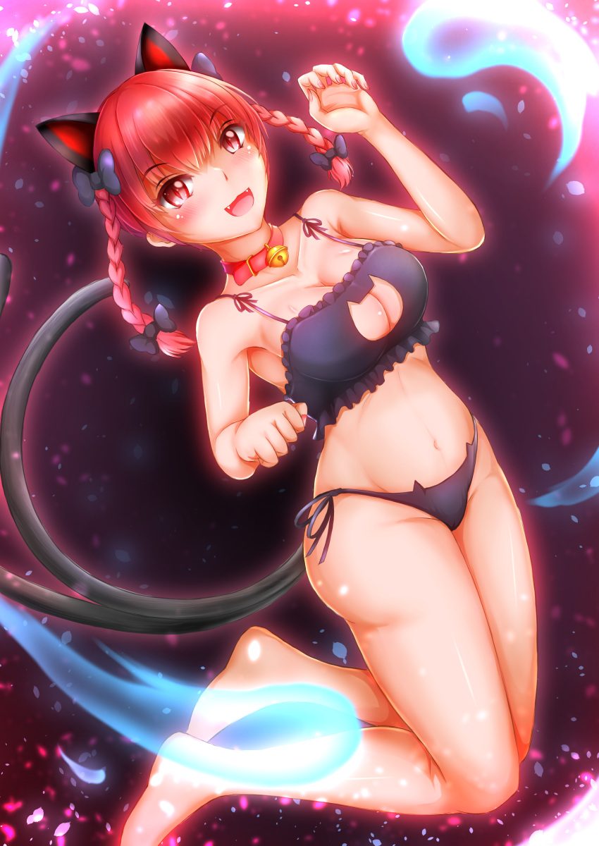 1girl :d absurdres akatsuki_no_usagi animal_ears bad_anatomy barefoot bell braid breasts cat_cutout cat_ear_panties cat_ears cat_lingerie cleavage cleavage_cutout clothing_cutout fangs highres jingle_bell kaenbyou_rin large_breasts looking_at_viewer meme_attire multiple_tails navel neck_bell nekomata panties paw_pose red_eyes red_hair side-tie_panties smile solo tail touhou twin_braids two_tails underwear