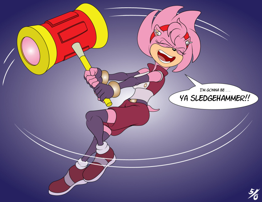 2022 50percentgrey accessory amy_rose anthro belt bottomwear clothing cuff_(restraint) dialogue earbuds eulipotyphlan eyes_closed female fingerless_gloves footwear fur gloves hammer handwear headband headphones hedgehog holding_hammer holding_object holding_tool leaning legwear mammal motion_lines open_mouth pink_body pink_fur restraints sega shoes shorts solo sonic_the_hedgehog_(series) speech_bubble spinning stockings swing swinging teeth text tongue tools topwear wrist_cuffs