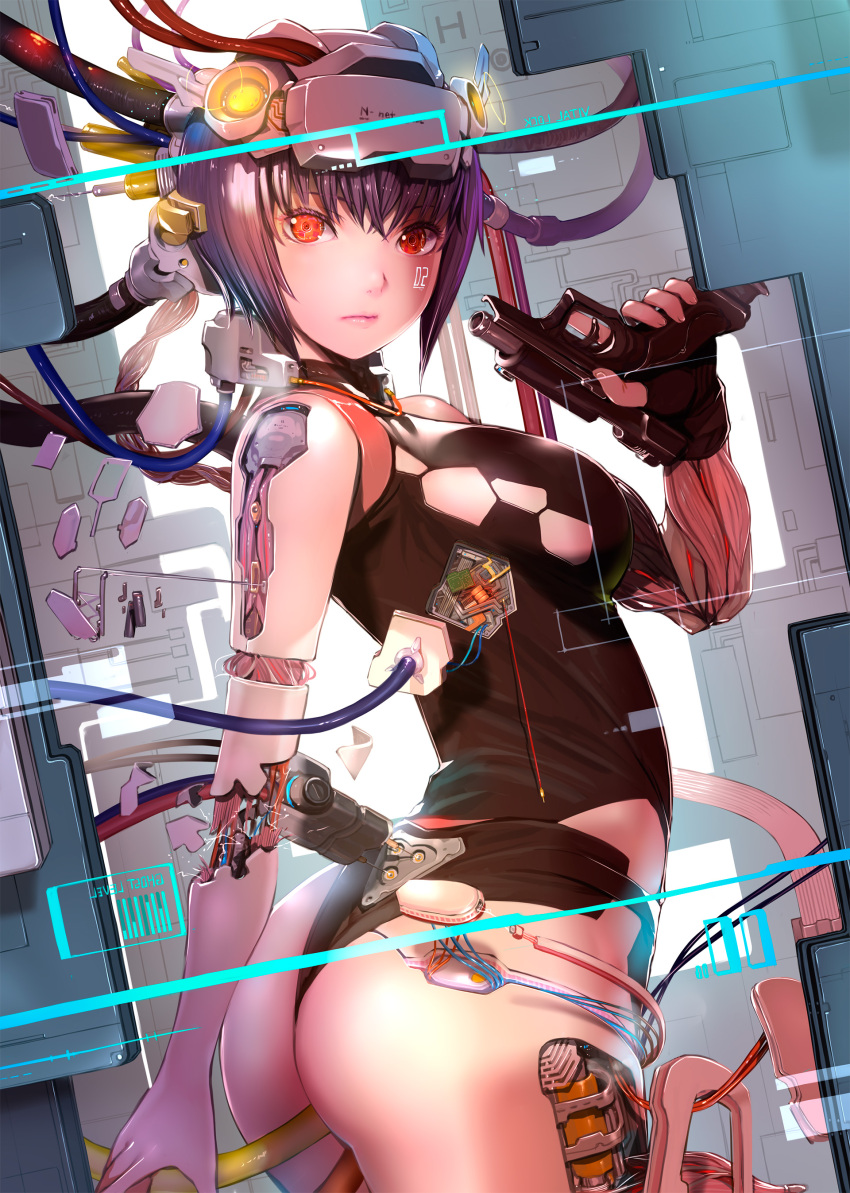 1girl absurdres ass bangs black_gloves black_leotard breasts cable closed_mouth commentary_request cowboy_shot cyberpunk cyborg fingerless_gloves ghost_in_the_shell:_sac_2045 gloves gun highres holding holding_gun holding_weapon indoors kusanagi_motoko leotard looking_at_viewer medium_breasts mikazuki_akira! purple_hair red_eyes short_hair solo subdermal_port weapon