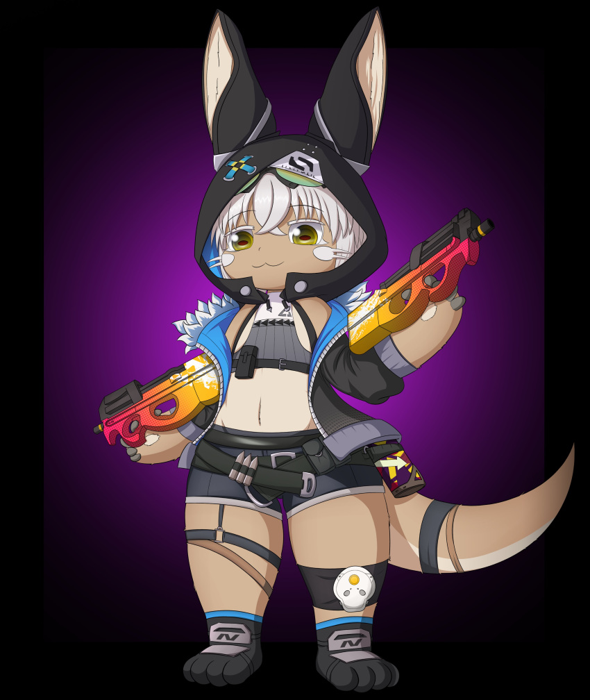 1other :3 absurdres androgynous animal_ears bronya_zaychik bronya_zaychik_(cosplay) brown_fur bullet bullpup cosplay costume_request full_body furry gradient gradient_background gun highres holding holding_gun holding_weapon honkai_(series) honkai_impact_3rd hood horizontal_pupils made_in_abyss midriff nanachi_(made_in_abyss) other_focus p90 rabbit_ears shorts smugbuns standing submachine_gun tail weapon whiskers white_hair yellow_eyes