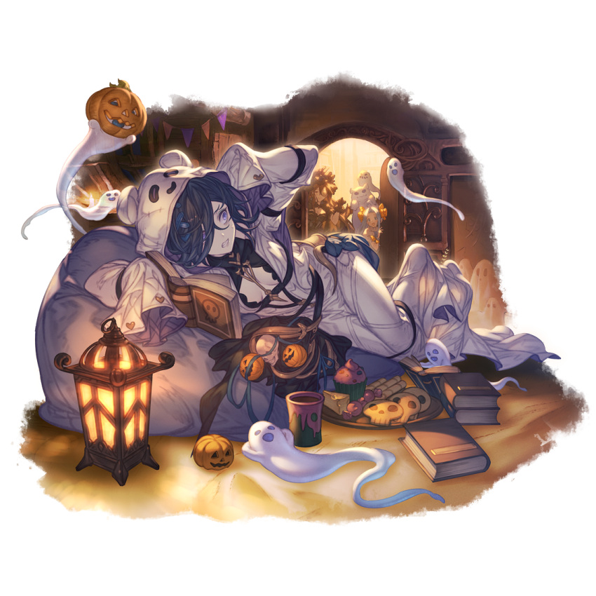 3girls alpha_transparency bangs black_hair book breasts candy cleavage cookie cupcake dress food ghost ghost_costume granblue_fantasy hair_between_eyes hair_over_one_eye holding holding_book indoors jack-o'-lantern lantern lich_(granblue_fantasy) long_hair long_sleeves lyria_(granblue_fantasy) minaba_hideo multiple_girls official_art open_mouth plate purple_eyes rosetta_(granblue_fantasy) sharp_teeth sleeves_past_fingers sleeves_past_wrists small_breasts smile teeth transparent_background white_dress