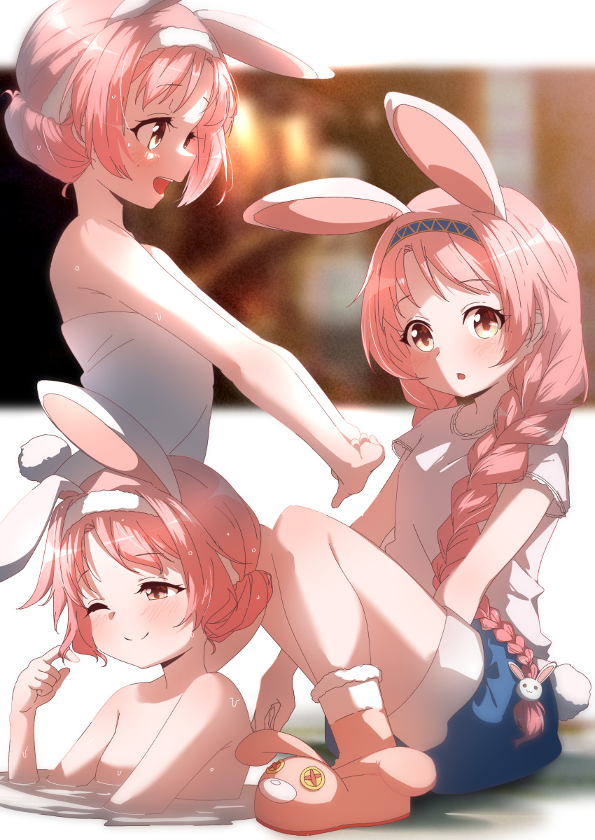 1girl absurdres animal_ears bathing blue_shorts braid brown_eyes hair_bun hair_twirling hairband highres mimi_(princess_connect!) mushi_hara naked_towel one_eye_closed open_mouth outstretched_arms own_hands_together partially_submerged pink_footwear pink_hair pink_shirt princess_connect! rabbit_ears rabbit_girl rabbit_tail shirt shoes short_sleeves shorts sitting smile solo tail towel twin_braids twintails white_towel