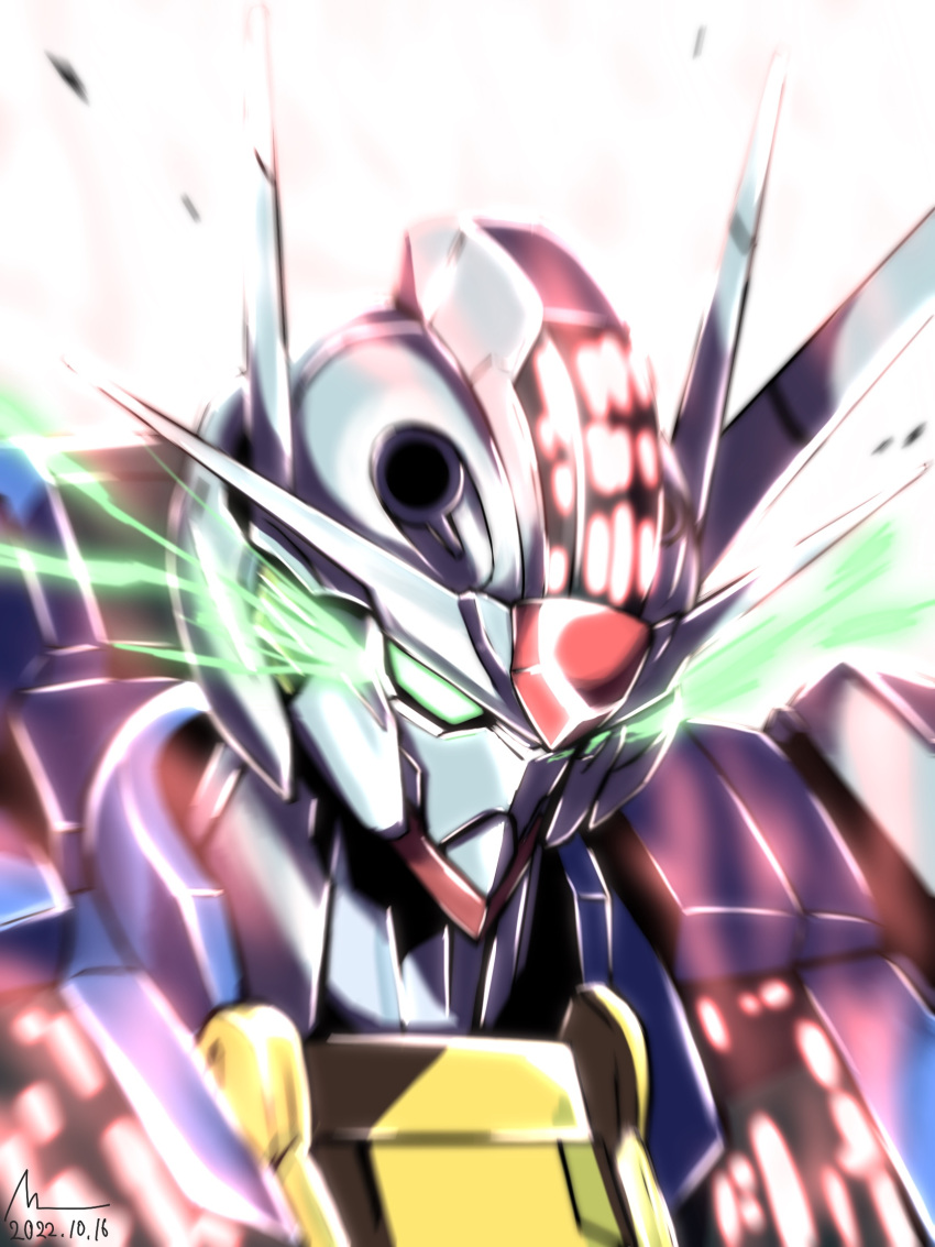 commentary dated glowing glowing_eyes green_eyes gundam gundam_aerial gundam_suisei_no_majo highres mecha mobile_suit no_humans portrait robot signature solo user_rztk7524 v-fin white_background