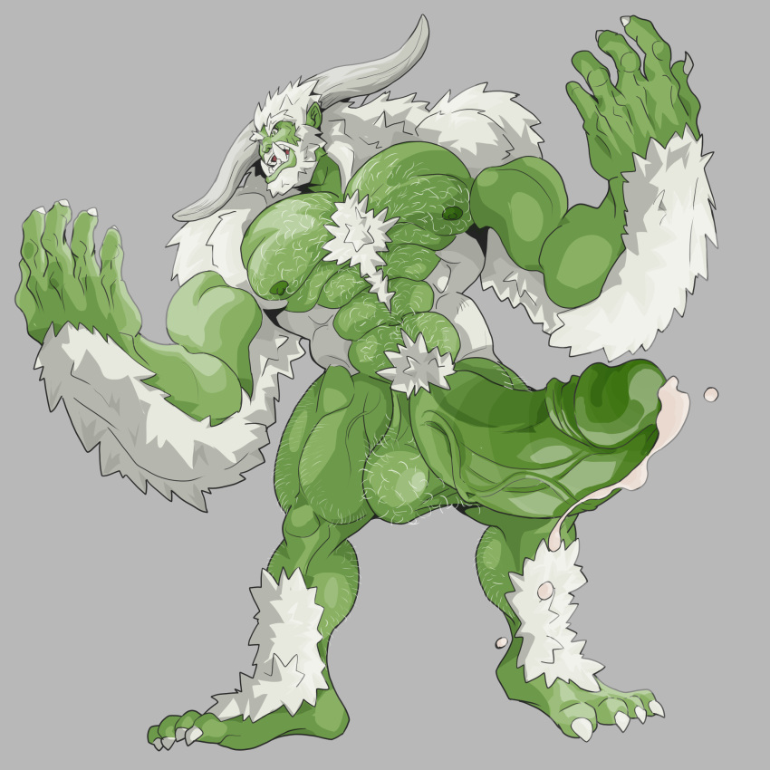 1:1 barazoku big_penis bodily_fluids claws cum fur genital_fluids genitals green_body green_skin hi_res horn huge_penis humanoid hyper hyper_genitalia hyper_penis male muscular orc orctober penis rickleone tusks white_body white_fur yeti