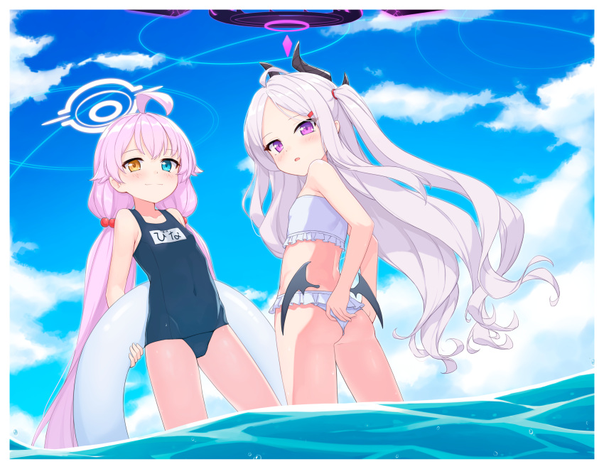 2girls absurdres ahoge ass bikini blue_archive blue_eyes blush border closed_mouth cloud cosplay costume_switch feet_out_of_frame frilled_bikini frills hair_bobbles hair_ornament hair_ribbon halo heterochromia highres hina_(blue_archive) hina_(swimsuit)_(blue_archive) holding holding_innertube horns hoshino_(blue_archive) hoshino_(swimsuit)_(blue_archive) innertube long_hair looking_at_viewer low_wings multiple_girls official_alternate_costume one-piece_swimsuit orange_eyes outdoors petite pink_hair purple_eyes purple_hair ribbon ribbonsnek school_swimsuit sky summer swimsuit twintails very_long_hair wading water white_bikini white_border wings