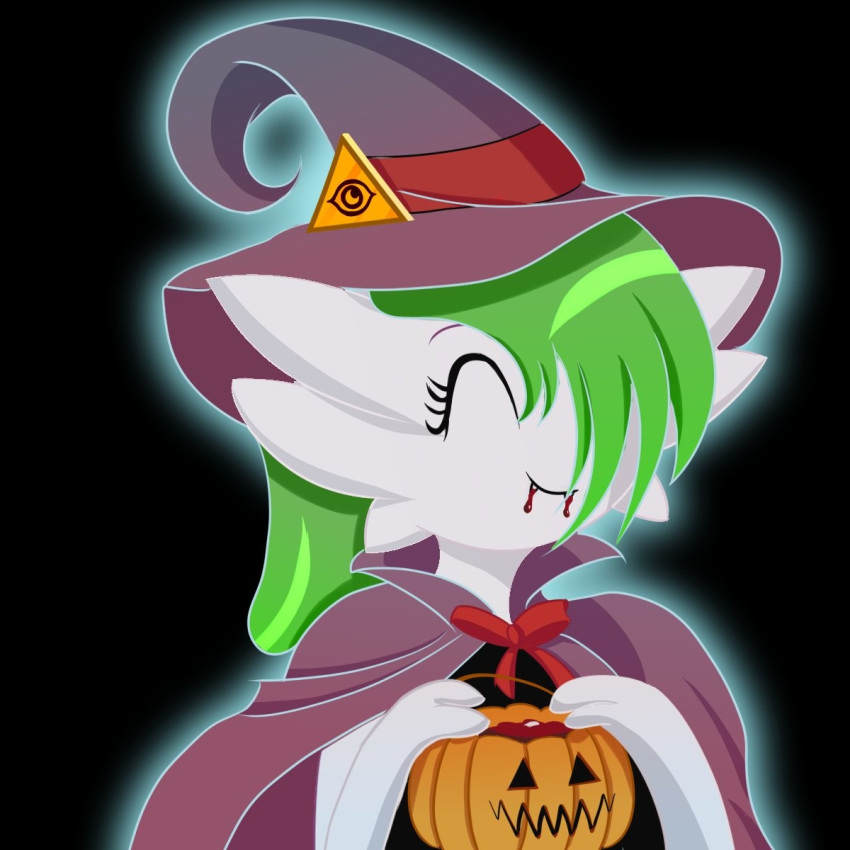 1:1 2022 3_fingers ^_^ black_background blood bodily_fluids candy_bucket cape clothed clothing divifilly eyes_closed fangs feet female fingers gardevoir generation_3_pokemon green_hair hair hair_over_eye halloween hat headgear headwear hi_res holding_pumpkin holidays humanoid icon illuminati jack-o'-lantern medium_hair nintendo not_furry one_eye_obstructed pokemon pokemon_(species) ruby_(ghostth39) simple_background smile soles solo video_games witch_costume witch_hat