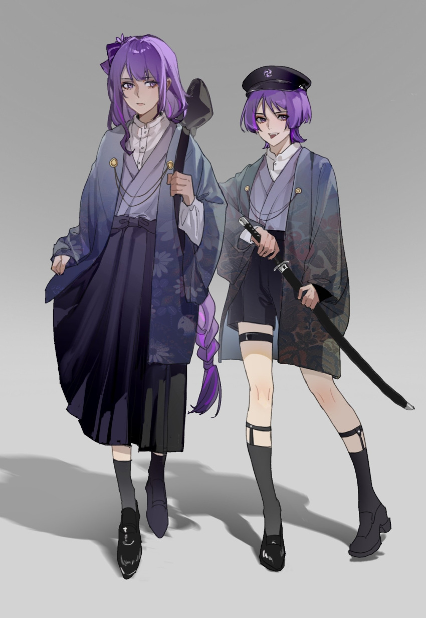 1boy 1girl bangs black_footwear black_headwear black_shorts blunt_bangs braid braided_ponytail cabbie_hat closed_mouth commentary elico79068549 eyelashes eyeshadow floral_print full_body genshin_impact grey_background hakama hakama_skirt haori hat highres holding holding_sword holding_weapon japanese_clothes long_hair long_skirt long_sleeves looking_at_viewer makeup mitsudomoe_(shape) mole mole_under_eye open_mouth purple_eyes purple_hair raiden_shogun red_eyeshadow scaramouche_(genshin_impact) shadow sheath sheathed short_hair shorts sidelocks skirt standing sword thigh_strap tomoe_(symbol) weapon wide_sleeves