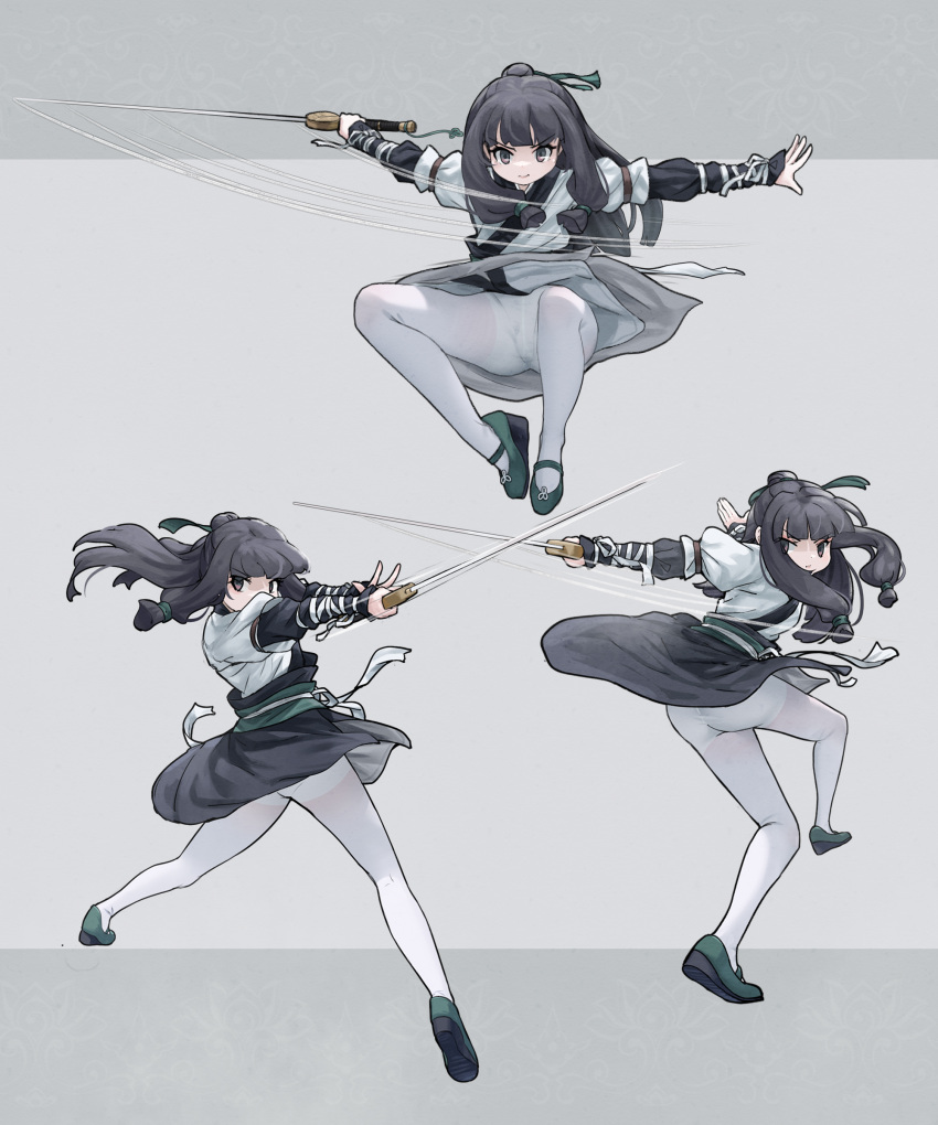 1girl absurdres black_hair black_skirt brown_eyes chinese_clothes closed_mouth commentary floating_hair green_footwear grey_background highres holding holding_sword holding_weapon layered_sleeves long_hair long_sleeves multiple_views obi original pantyhose sash shoe_soles shoes short_over_long_sleeves short_sleeves sidelocks skirt speed_lines sword too-ye two-tone_background v-shaped_eyebrows weapon white_pantyhose