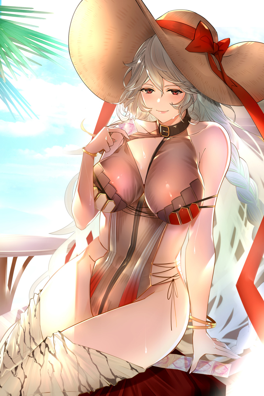 1girl absurdres animal_ears areola_slip bare_arms bracelet braid breasts condom condom_packet_strip condom_wrapper covered_nipples curvy granblue_fantasy grey_hair hair_between_eyes hat highres jewelry large_breasts long_hair looking_at_viewer magisa_(granblue_fantasy) magisa_(summer)_granblue_fantasy official_alternate_costume one-piece_swimsuit partially_unzipped rabbit_ears reki_(dezuko) seductive_smile sideless_outfit smile solo straw_hat sun_hat swimsuit twin_braids v-shaped_eyebrows very_long_hair