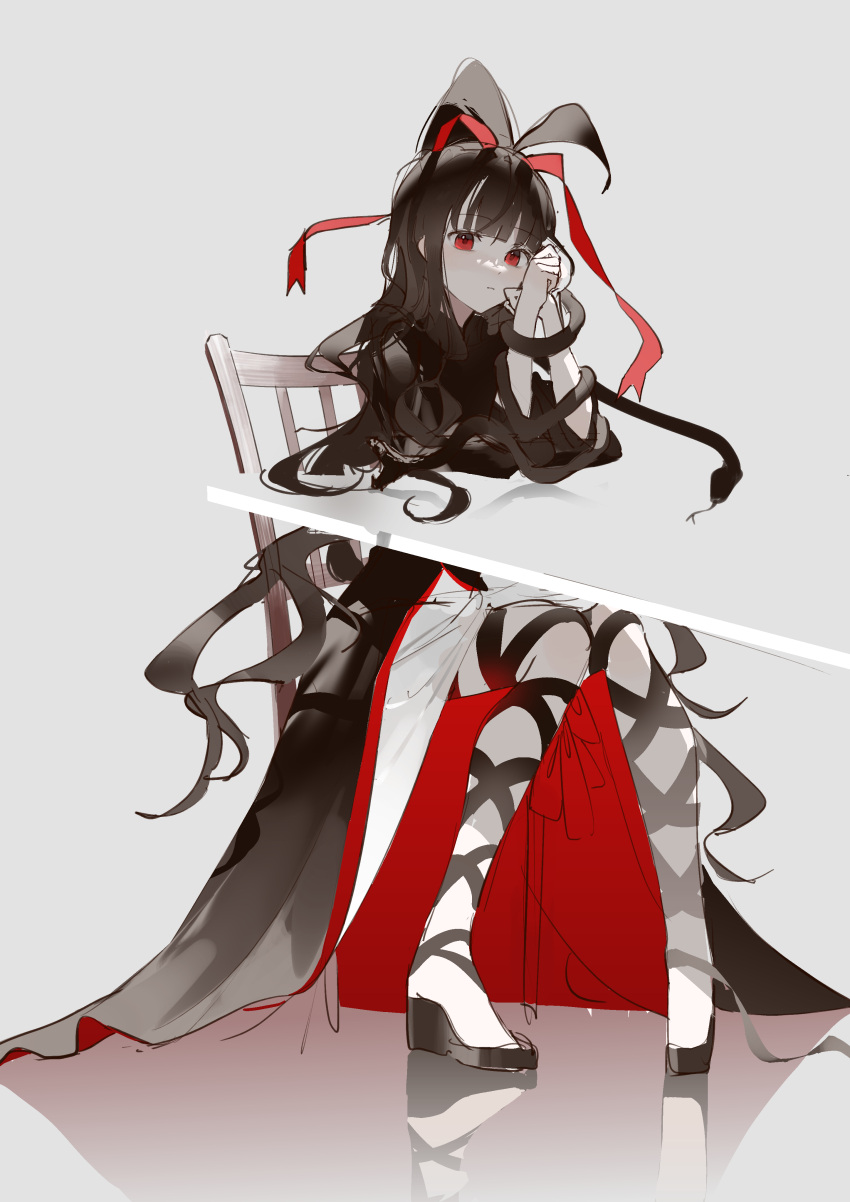 1girl absurdres azami_(kagerou_project) bangs black_dress black_hair black_ribbon blunt_bangs chair clenched_hands closed_mouth dot_nose dress expressionless grey_background highres kagerou_project leg_ribbon long_dress long_hair looking_at_viewer mo011010 platform_footwear platform_heels red_eyes ribbon simple_background sitting solo wavy_hair wooden_chair