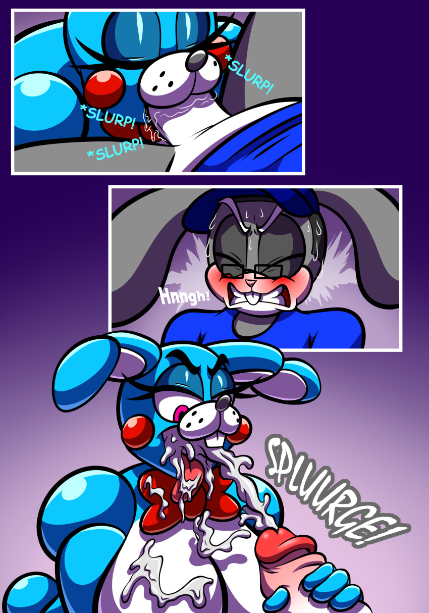 absurd_res anthro big_breasts blue_body bodily_fluids bonnie_(fnaf) breasts clothed clothing comic cum cum_in_mouth cum_inside duo english_text fellatio female five_nights_at_freddy's genital_fluids genitals grey_body hi_res lagomorph leporid machine male male/female mammal nude oral penile penis protagon rabbit robot scottgames sex text video_games