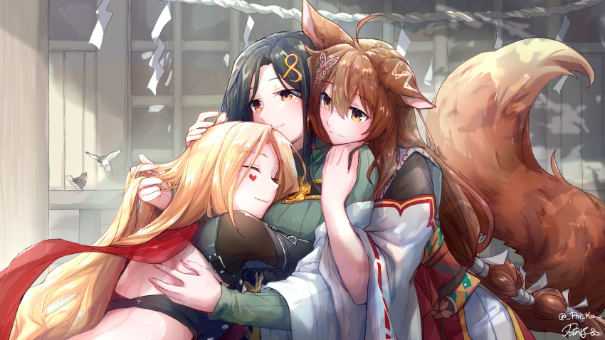 3girls ahoge animal_ears bird black_hair blonde_hair blush brown_eyes brown_hair butterfly_hair_ornament cape character_request closed_eyes copyright_request fumi_(nijisanji) hair_ornament hand_in_another's_hair highres hug hug_from_behind long_hair luis_cammy mixed-language_commentary multicolored_cape multicolored_clothes multiple_girls nijisanji pin.s red_scarf ribbon-trimmed_sleeves ribbon_trim scarf shirayuki_tomoe signature smile twitter_username virtual_youtuber wide_sleeves