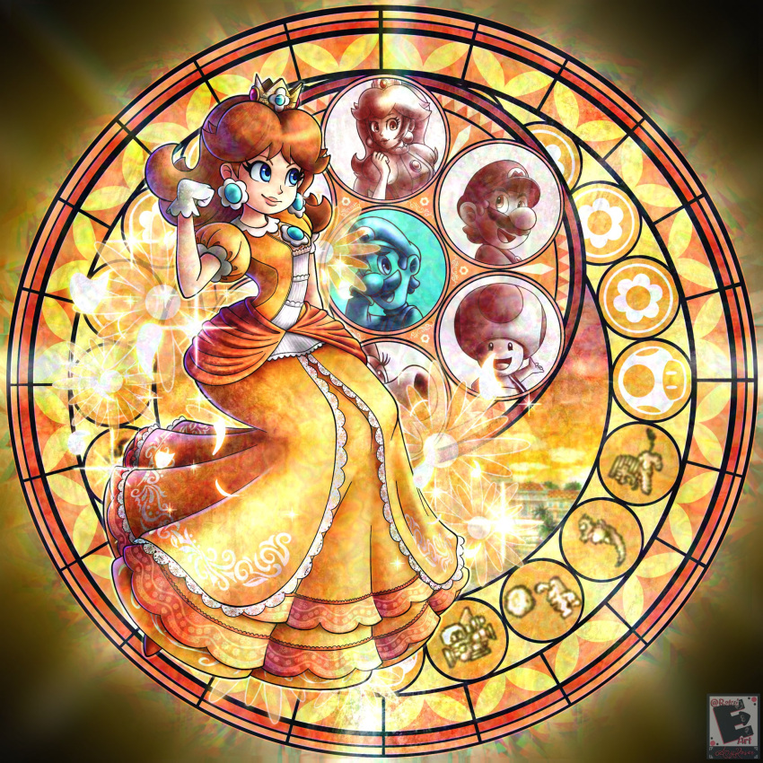 1girl amyroser black_eyes brown_hair crown daisy dive_to_the_heart dress earrings english_commentary floating_hair flower hair_over_one_eye highres holding jewelry kingdom_hearts looking_down luigi mario mario_(series) medium_hair open_hand parody princess_daisy princess_peach red_hair silhouette solo_focus stained_glass super_mario_land super_mario_land_2 super_mushroom super_smash_bros. toad_(mario) v-shaped_eyebrows watermark