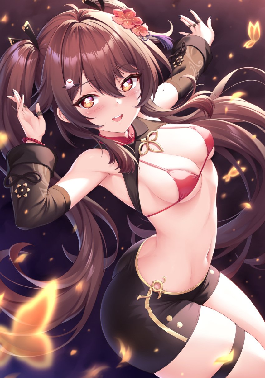 :d absurdres bangs bikini bikini_top_only black_nails black_shorts blush bracelet breasts brown_eyes brown_hair bug butterfly detached_sleeves flower flower-shaped_pupils genshin_impact ghost_hair_ornament hair_between_eyes hair_flower hair_ornament highres hu_tao_(genshin_impact) ivenglynn jewelry long_hair long_sleeves medium_breasts multiple_rings navel orange_butterfly red_bikini red_flower ring shorts smile stomach string_bikini swimsuit symbol-shaped_pupils tassel tassel_hair_ornament thigh_strap twintails very_long_hair