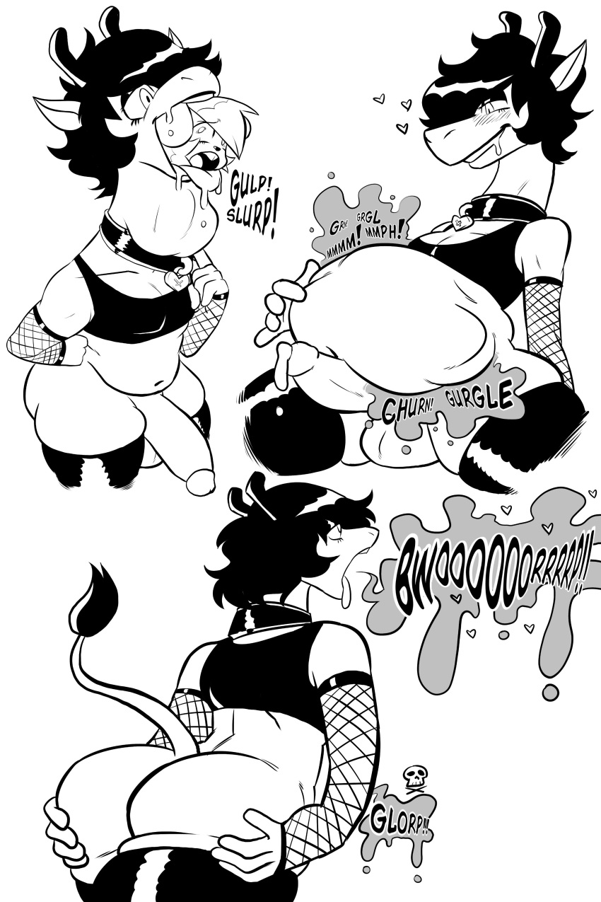absurd_res ambiguous_gender ambiguous_prey ambiguous_species anthro balls belly_overhang black_and_white bloated bodily_fluids bone bottomless buckteeth butt clothed clothing collar collar_pull crop_top death digestion_noises drooling duo erection eyeshadow fatal_vore fishnet fishnet_armwear genital_fluids genitals giraffe giraffid girly goth gothmeup hi_res high-angle_view holding_butt larger_pred legwear long_neck low-angle_view makeup male male_focus male_pred mammal monochrome muffled navel neck_bulge oral_vore penis precum rear_view saliva sequence shirt size_difference skull smaller_prey solo_focus struggling swallowing teeth thigh_highs topwear vore
